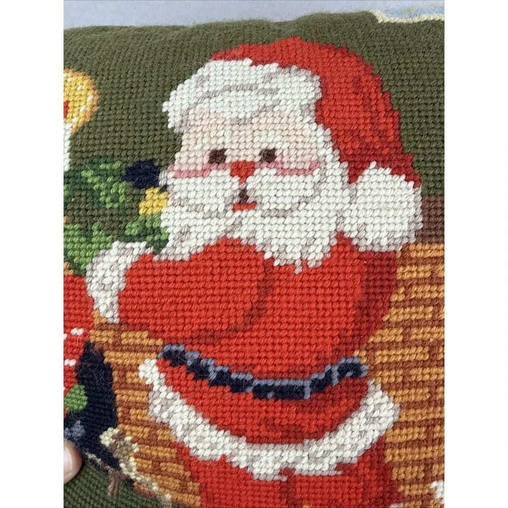 Vintage Embroidered Tapestry Needlepoint Christmas Santa Pillow 13‎ x 13